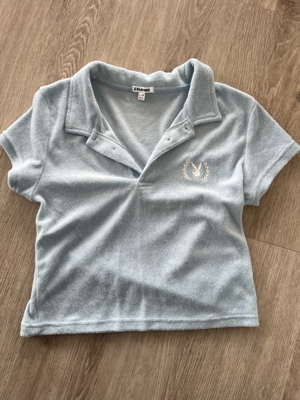 Playboy Graphic Terry Cloth Light Blue - Cropped Polo Top